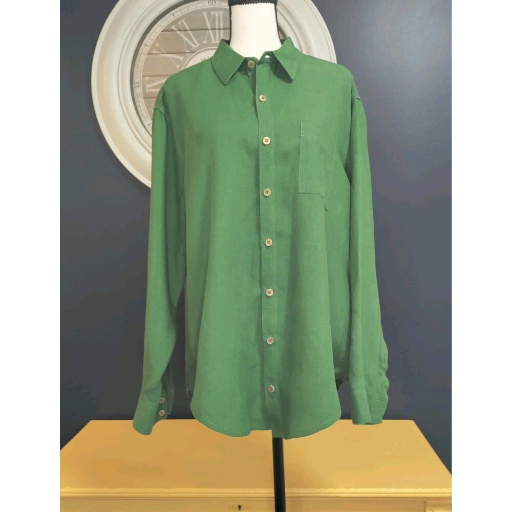 NAOMI NOMI The New Oxford Shirt Women's Large Green 100% Linen Button-Up EUC USA